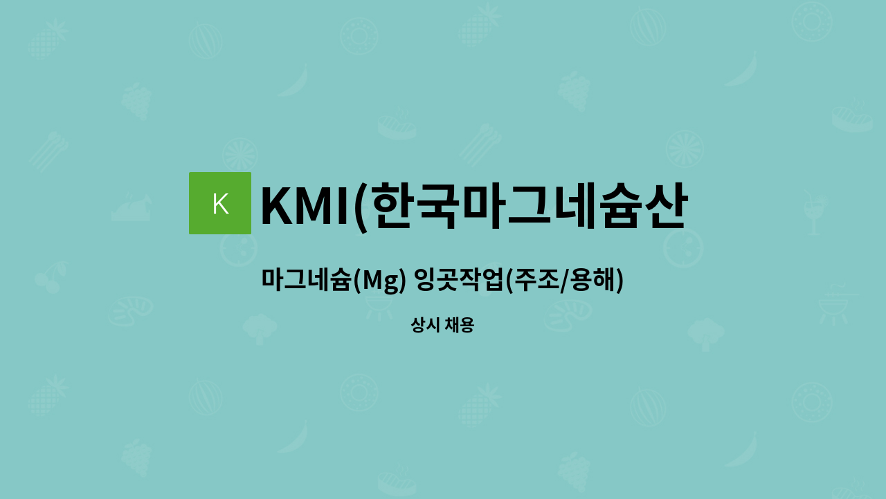 KMI(한국마그네슘산업) - 마그네슘(Mg) 잉곳작업(주조/용해) 사원 모집 : 채용 메인 사진 (더팀스 제공)